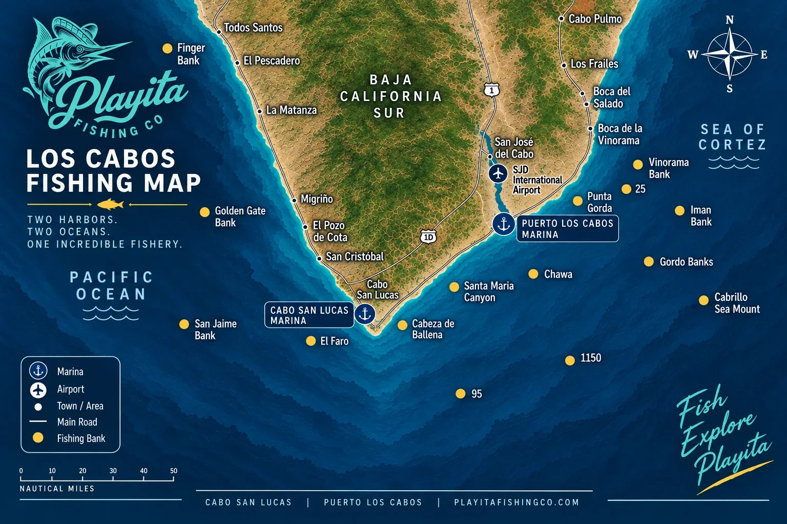 Los Cabos fishing map — two harbors, two oceans: the Pacific Ocean, the Sea of Cortez, Cabo San Lucas Marina, Puerto Los Cabos and the offshore banks