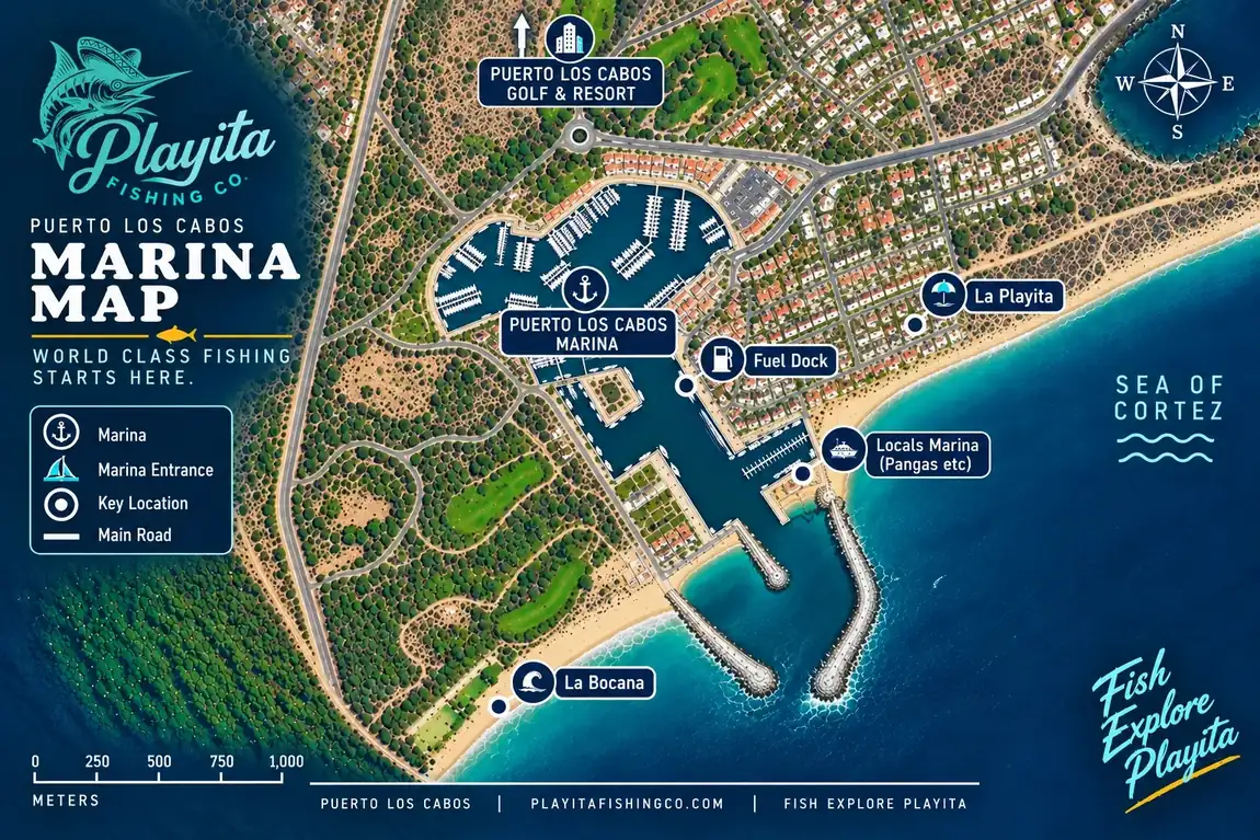 Map of Puerto Los Cabos marina in San José del Cabo showing the marina entrance, fuel dock, golf and resort area and La Playita